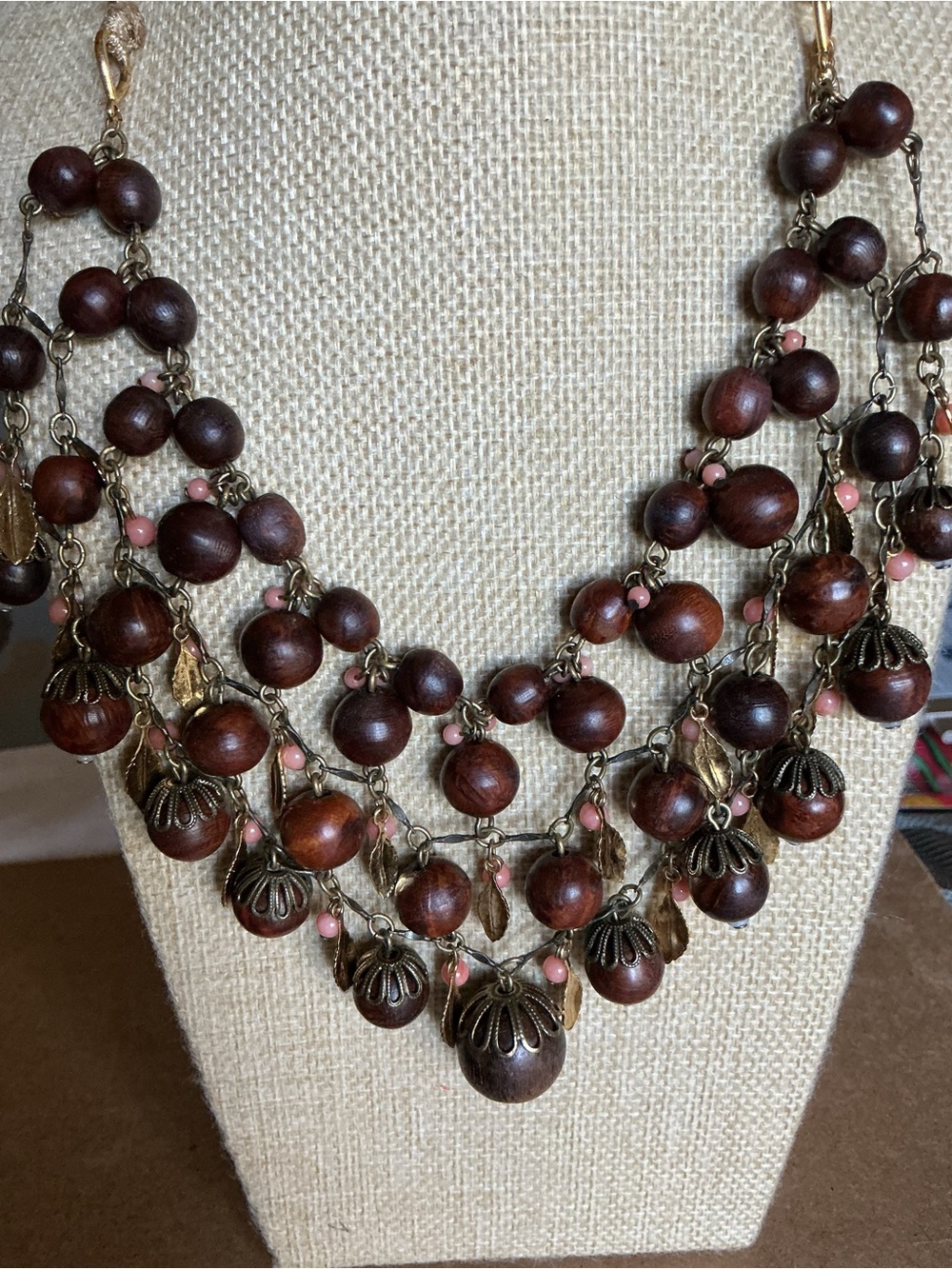 Lee Angel  Multi-Strand Wooden Bead with Gold ton Necklace